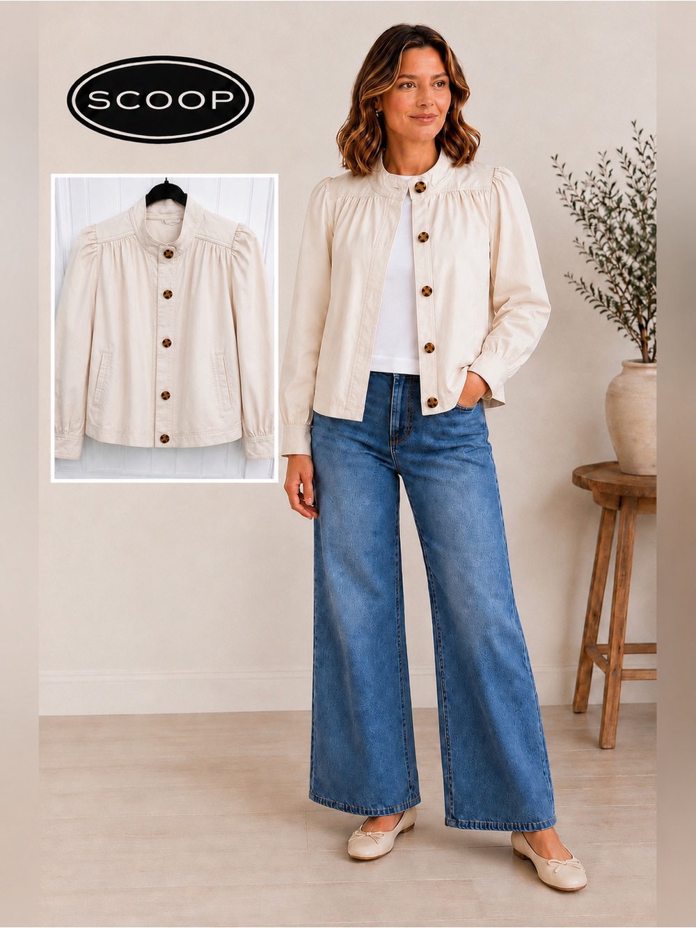 Scoop Button Front Swing Jacket/Top-Cream